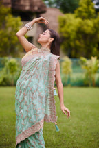 Mint Green Hand Embroidered Soft Organza-Tissue Saree