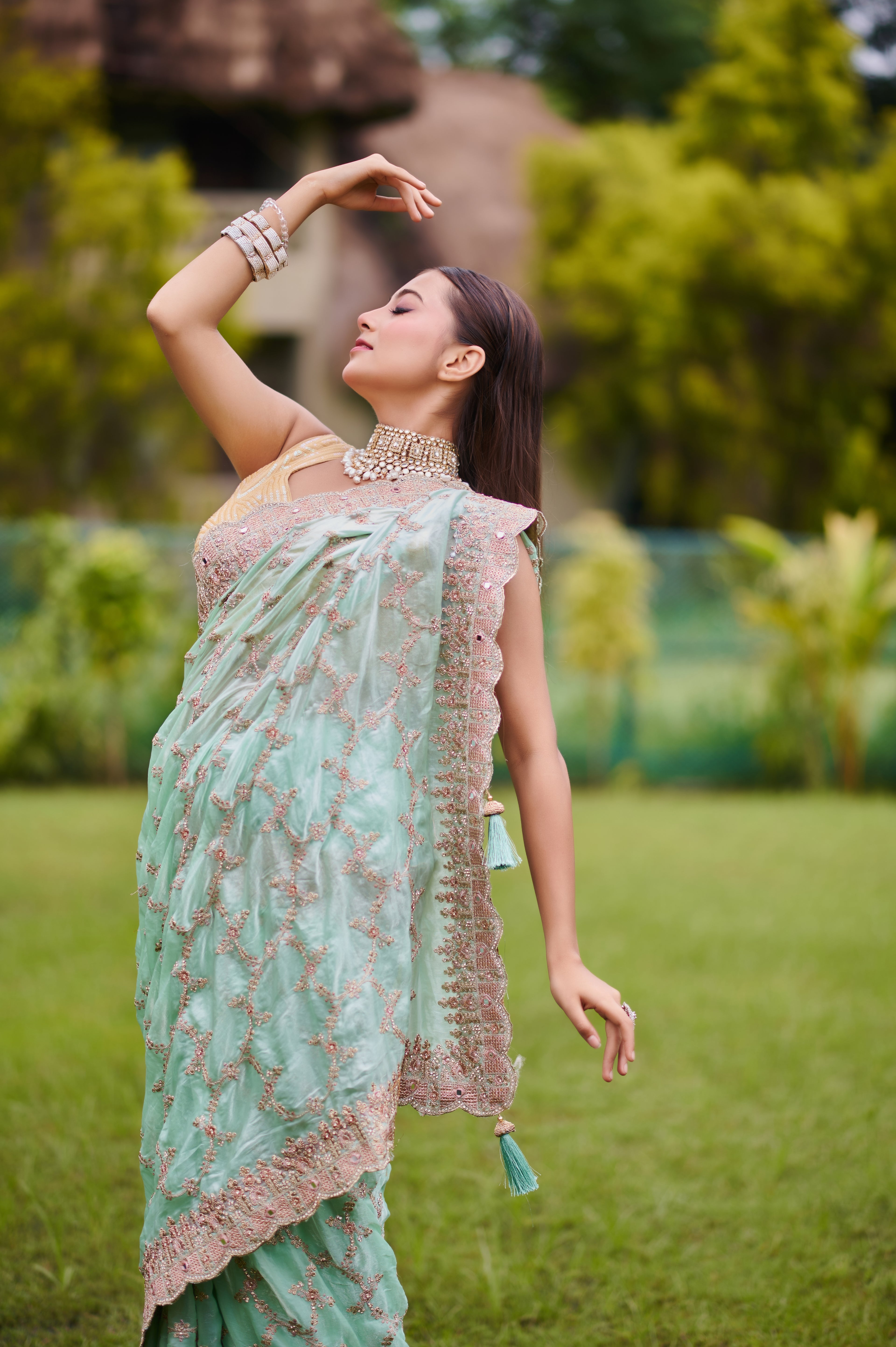 Mint Green Hand Embroidered Soft Organza-Tissue Saree