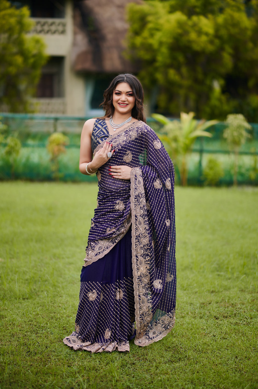 Regal Purple Bollywood chiffon Drape Saree with Antique Zari Embroidery