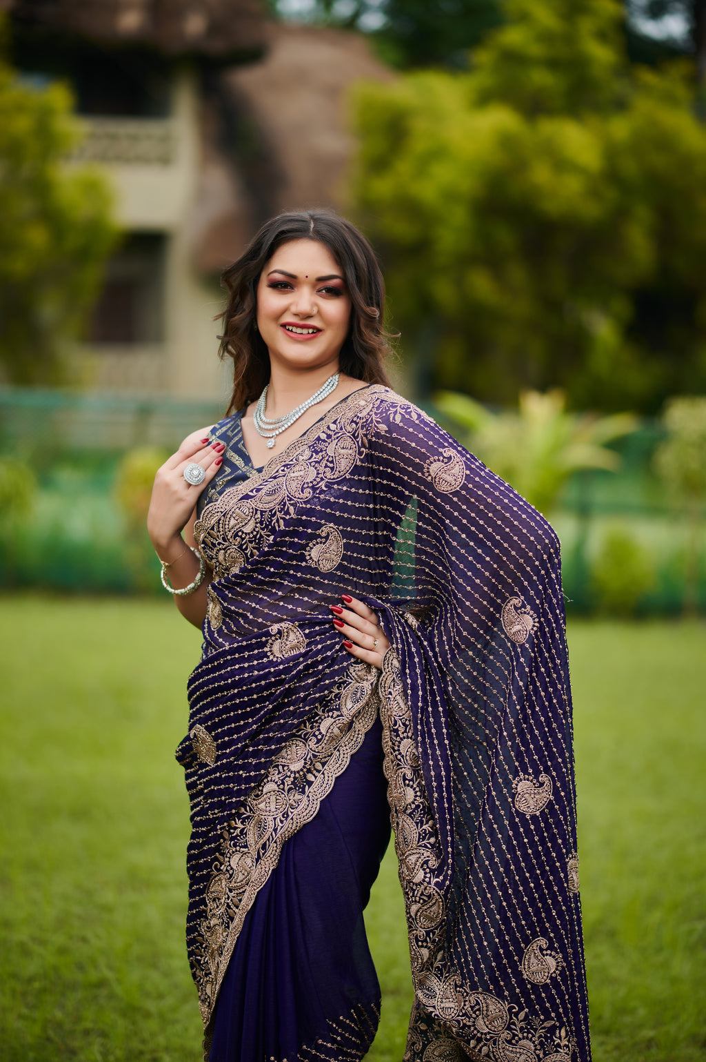 Regal Purple Bollywood chiffon Drape Saree with Antique Zari Embroidery