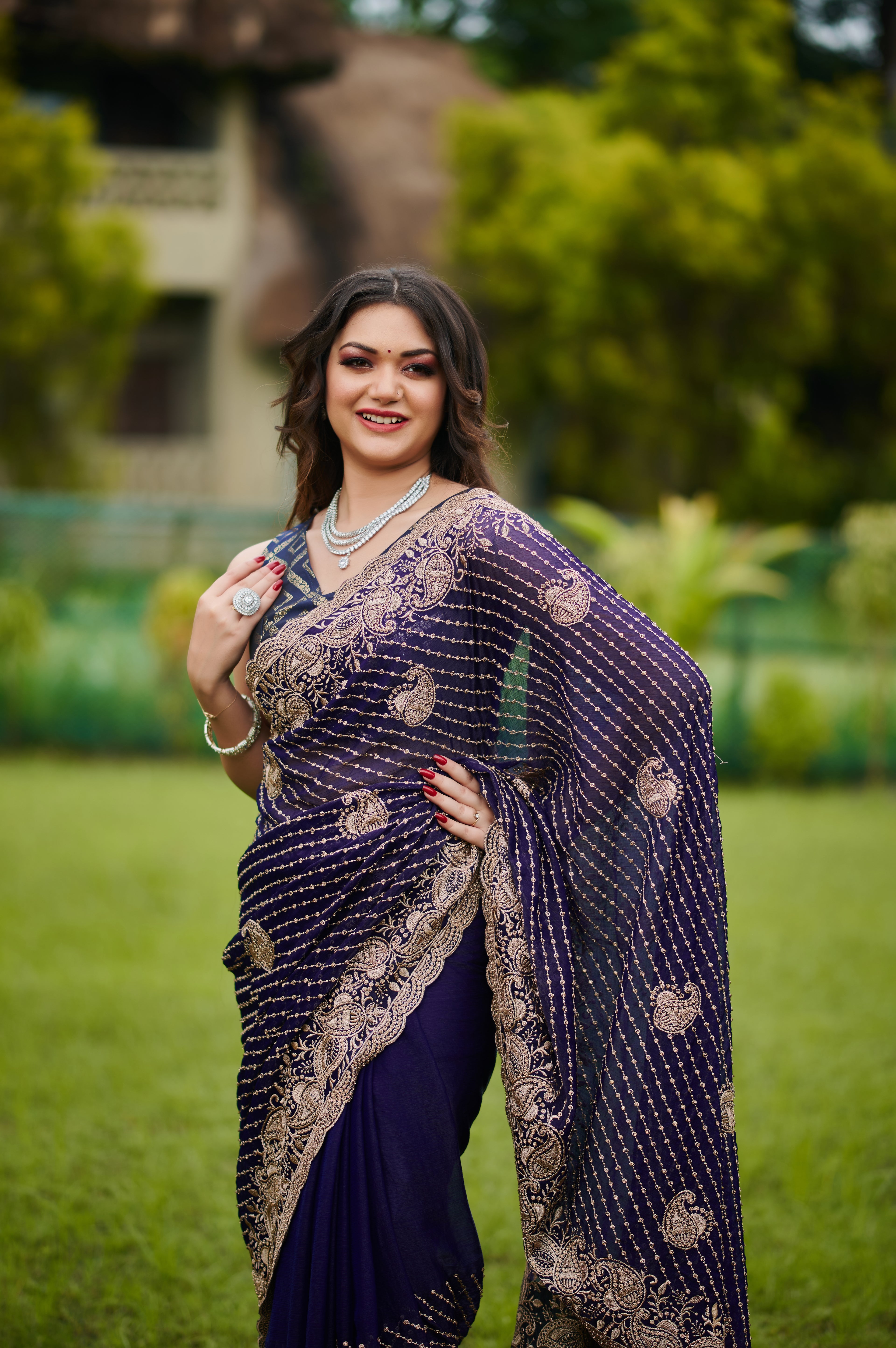 Regal Purple Bollywood chiffon Drape Saree with Antique Zari Embroidery