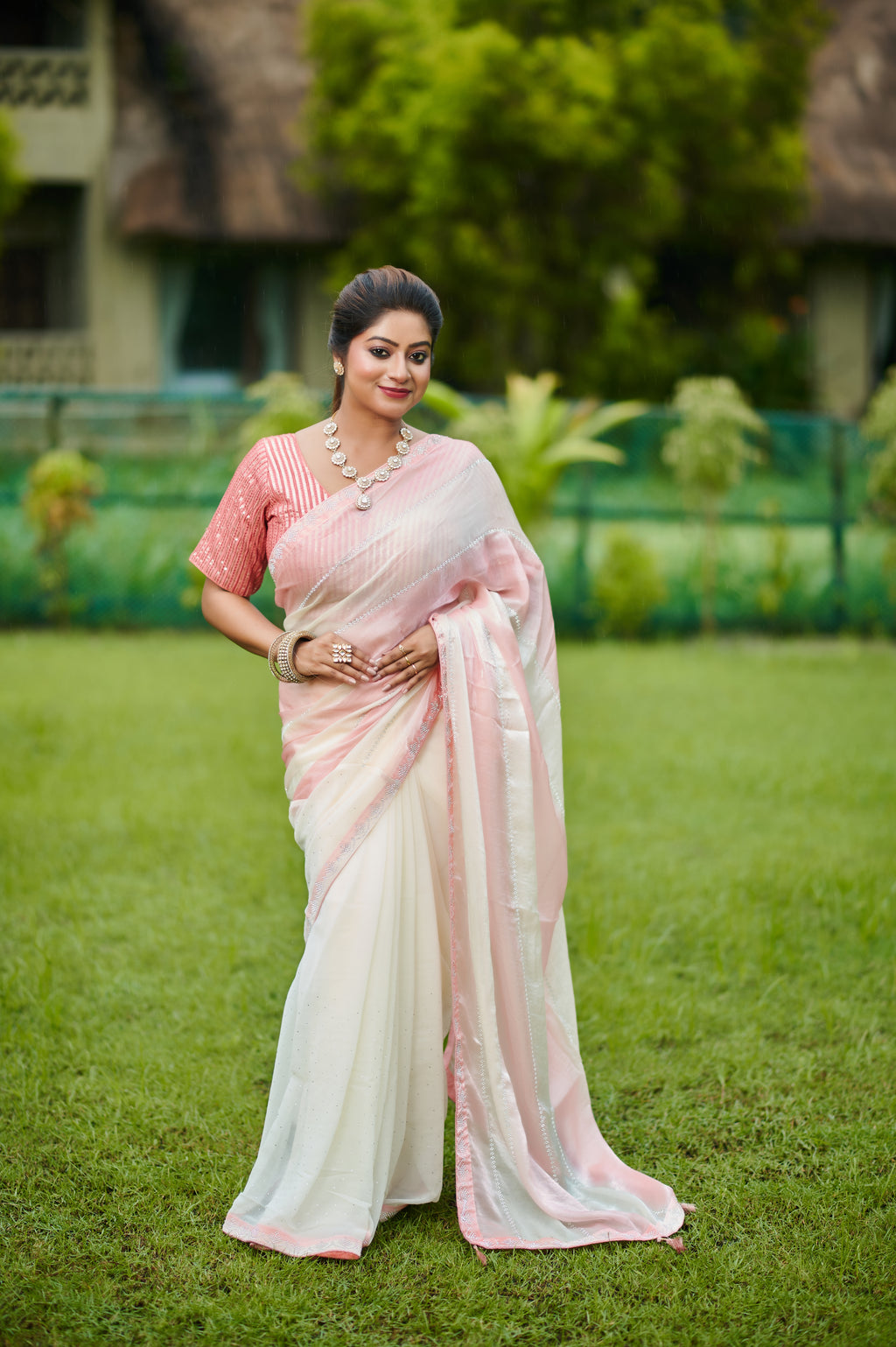 "Romantic & Dreamy” – Baby Pink & Ivory Bollywood chiffon Party Wear Saree