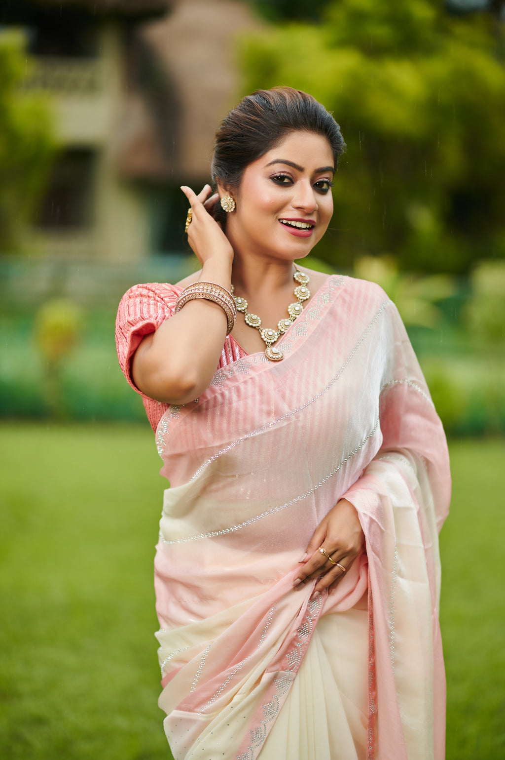 "Romantic & Dreamy” – Baby Pink & Ivory Bollywood chiffon Party Wear Saree