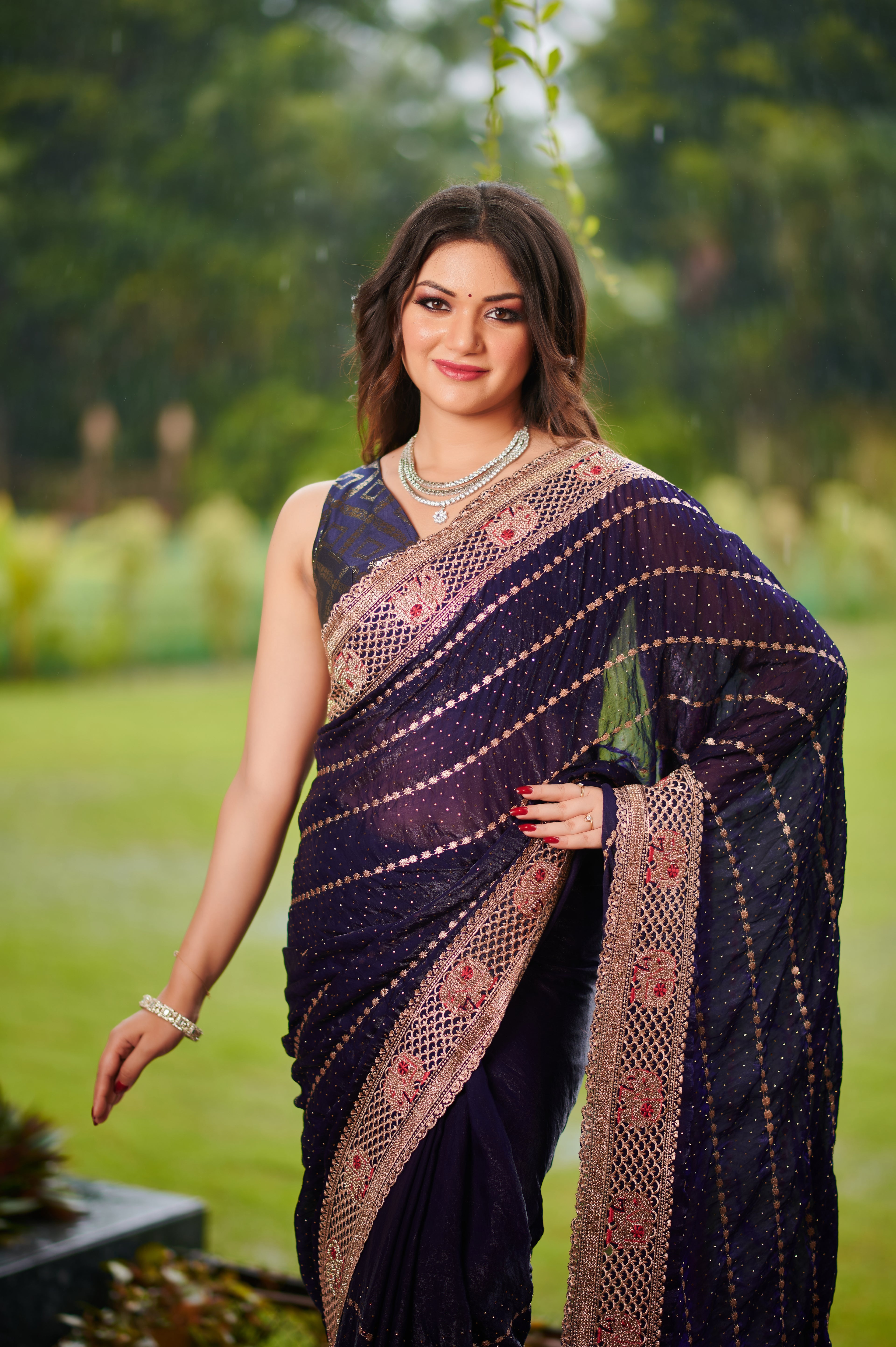 Midnight Blue Glamour – Luxe Bollywood chiffon Party & Bridal Saree