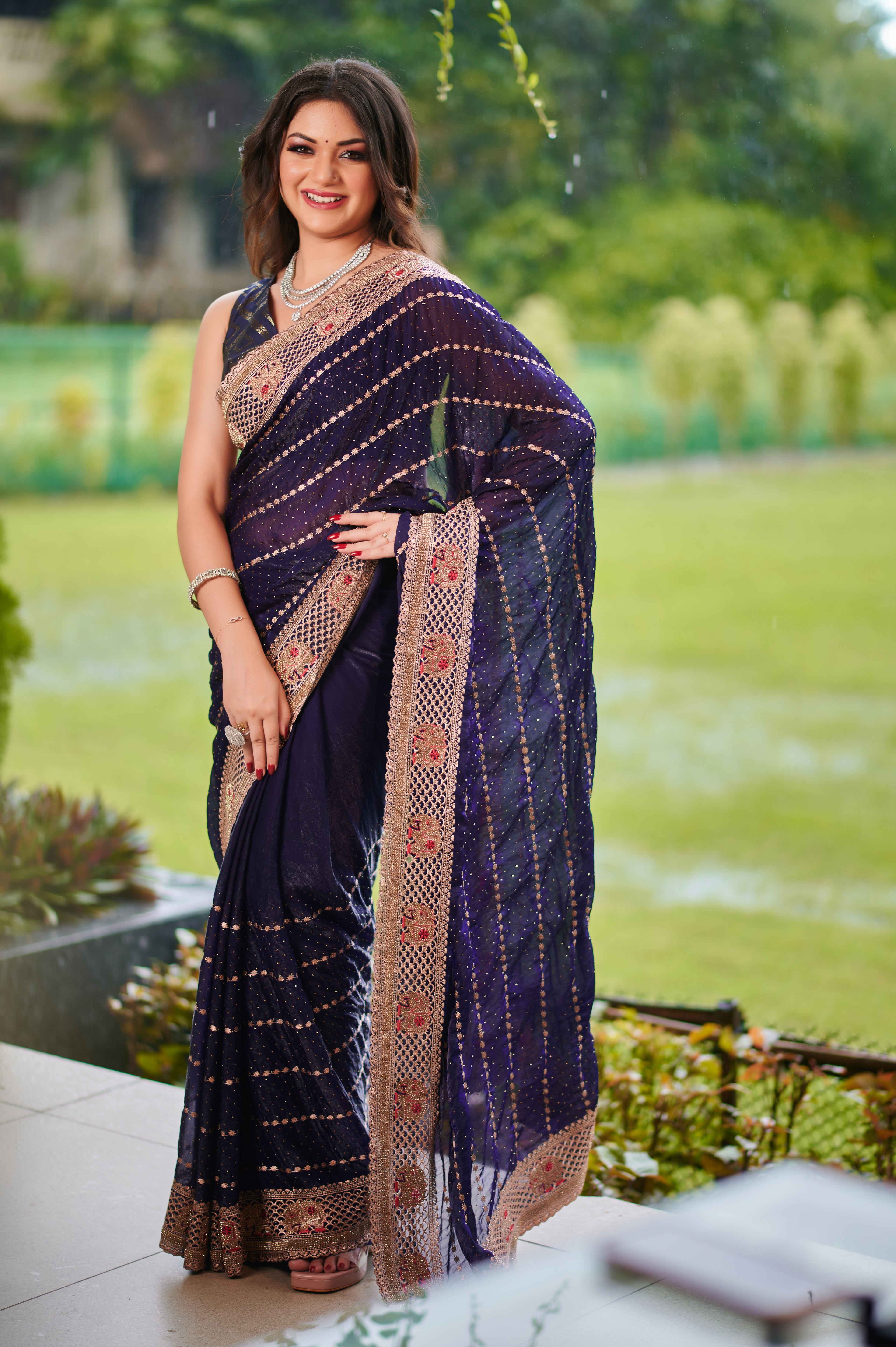 Midnight Blue Glamour – Luxe Bollywood chiffon Party & Bridal Saree