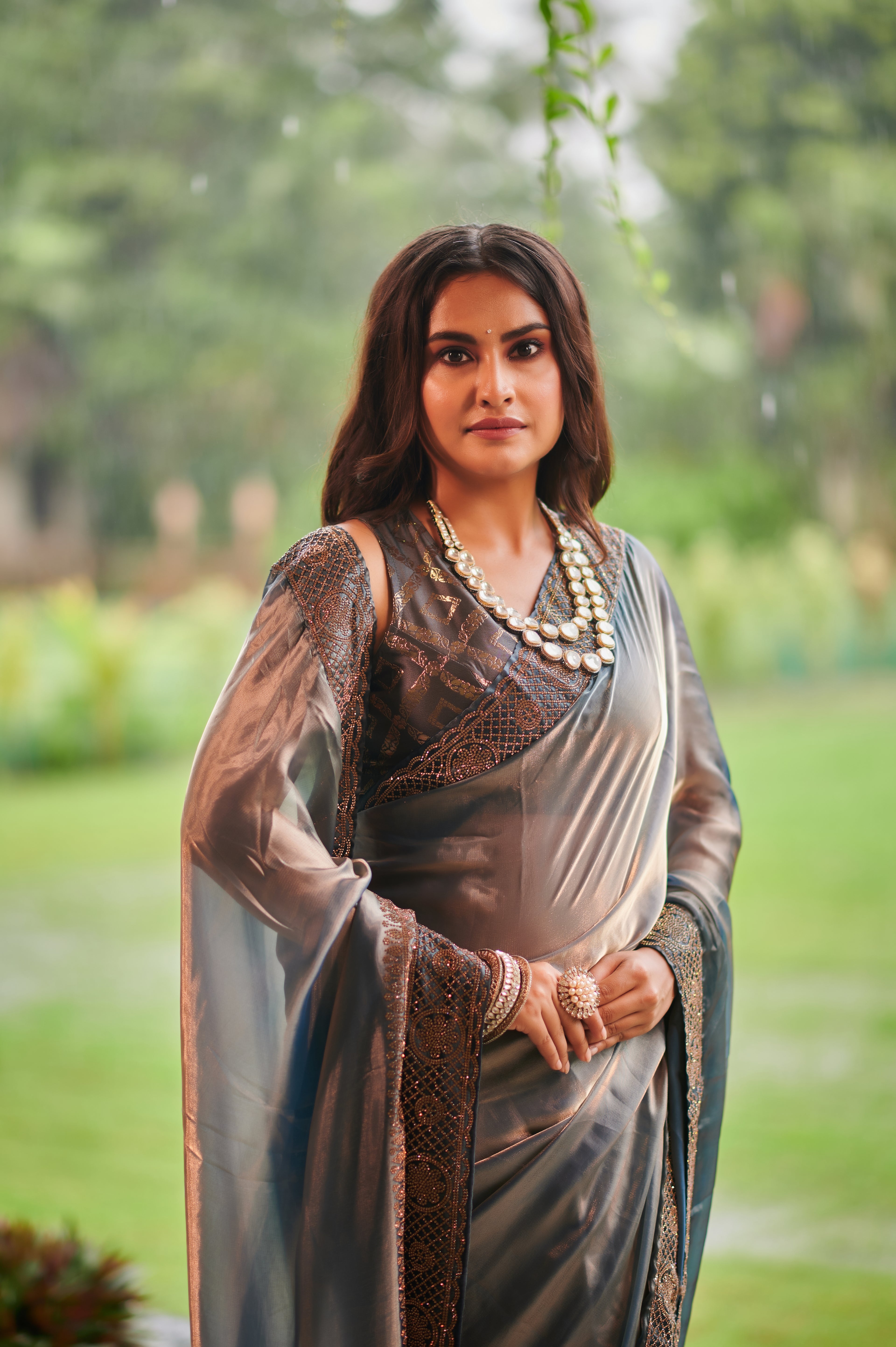 Metallic Charcoal Grey Bollywood chiffon Glam Saree with Intricate Hand Embroidery