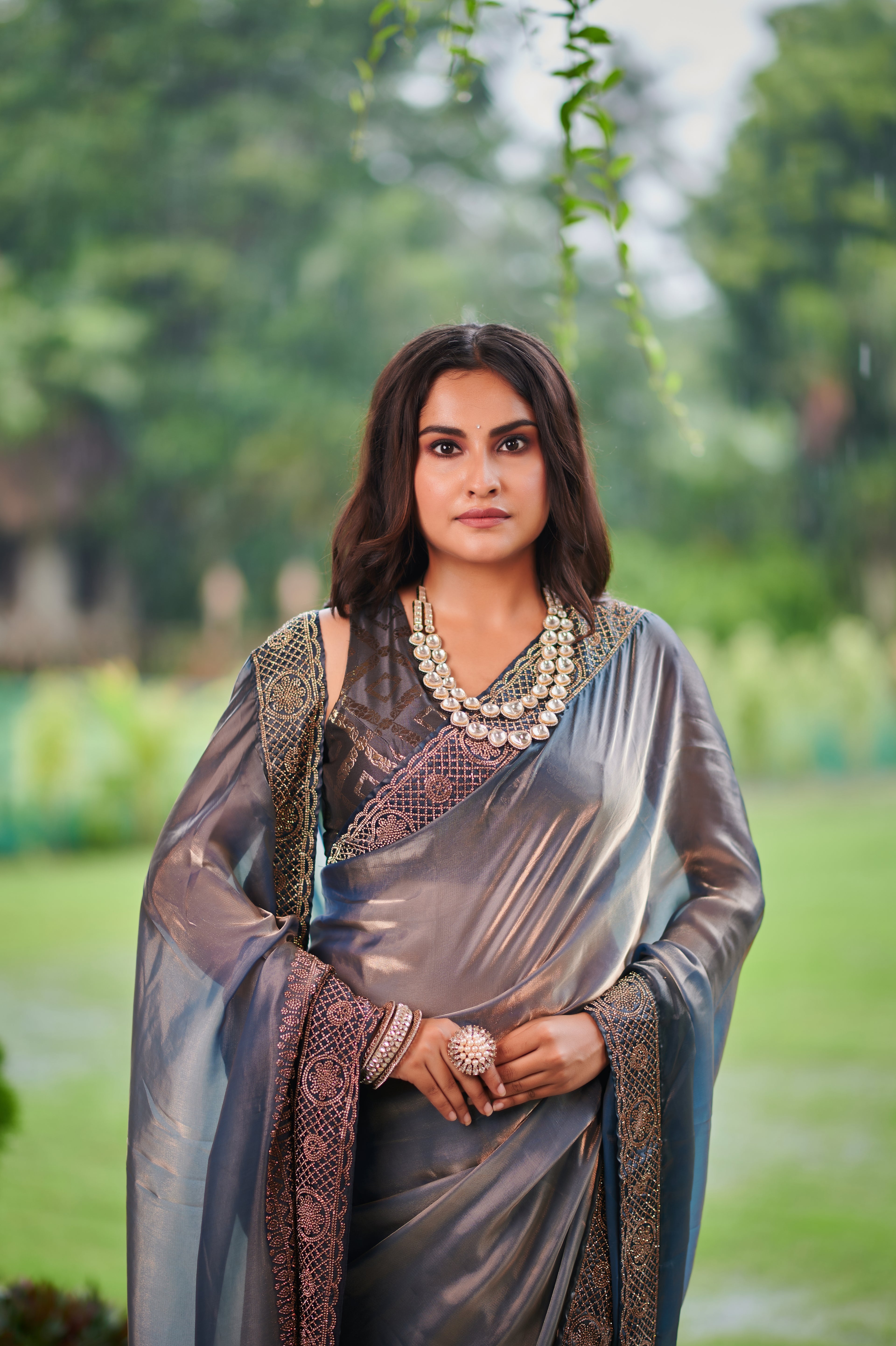 Metallic Charcoal Grey Bollywood chiffon Glam Saree with Intricate Hand Embroidery