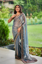 Metallic Charcoal Grey Bollywood chiffon Glam Saree with Intricate Hand Embroidery