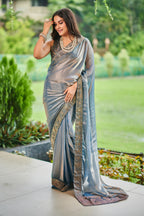Metallic Charcoal Grey Bollywood chiffon Glam Saree with Intricate Hand Embroidery