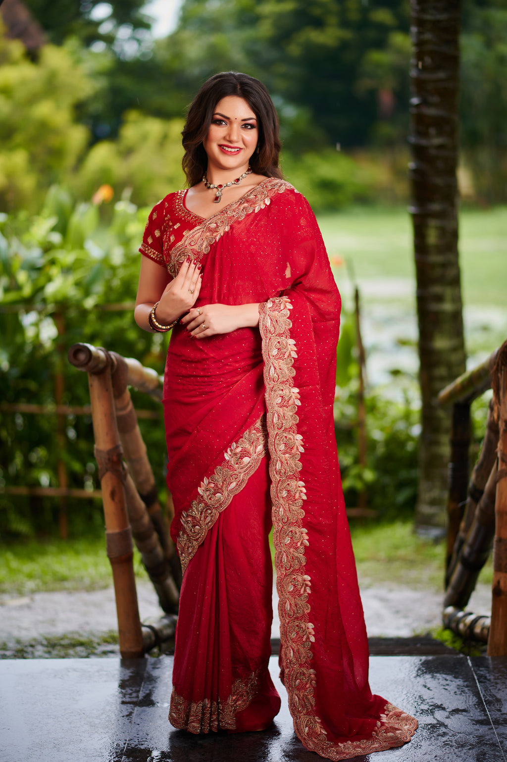 Radiant Red Bollywood chiffon Drape Embroidered Saree