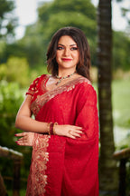 Radiant Red Bollywood chiffon Drape Embroidered Saree
