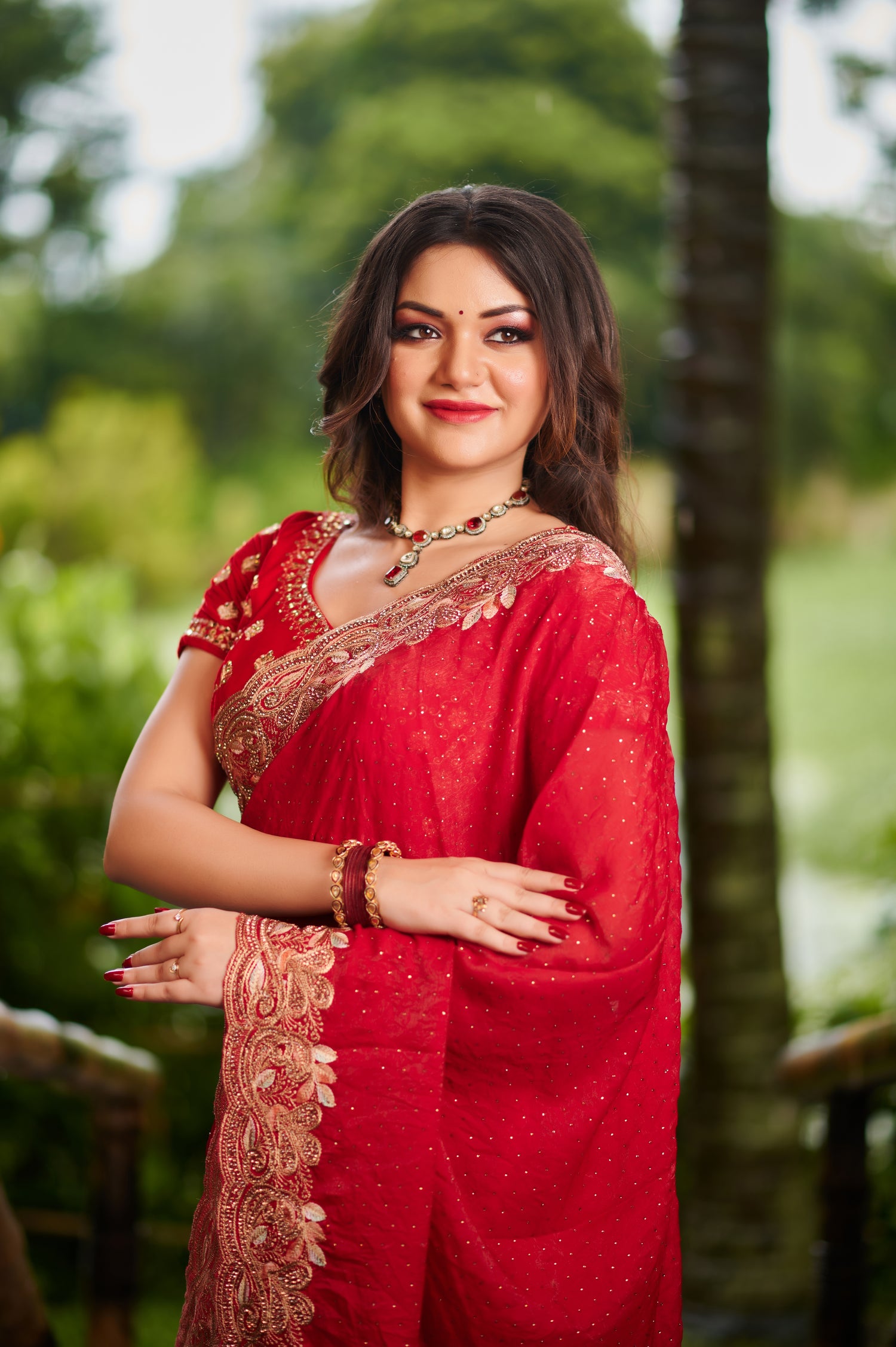 Radiant Red Bollywood chiffon Drape Embroidered Saree