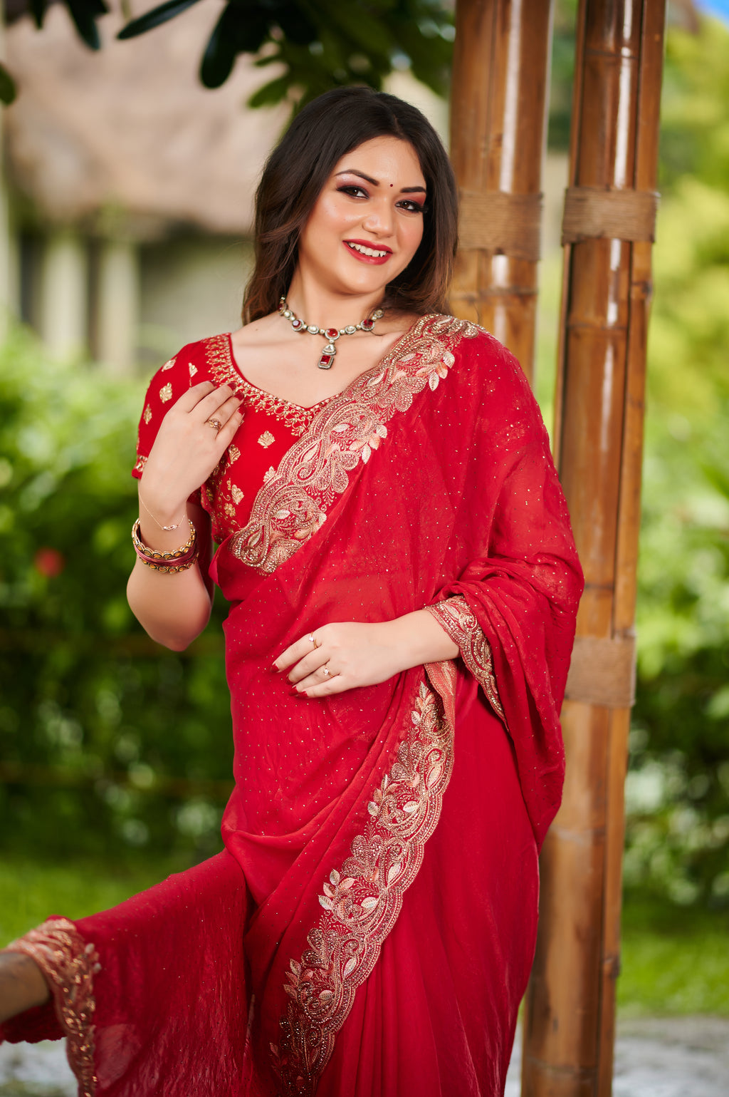 Radiant Red Bollywood chiffon Drape Embroidered Saree