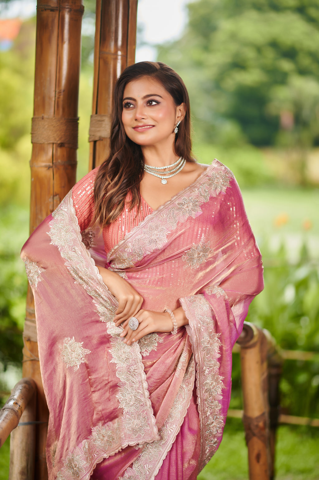 Blush Pink Embroidered Bollywood chiffon Drape Saree