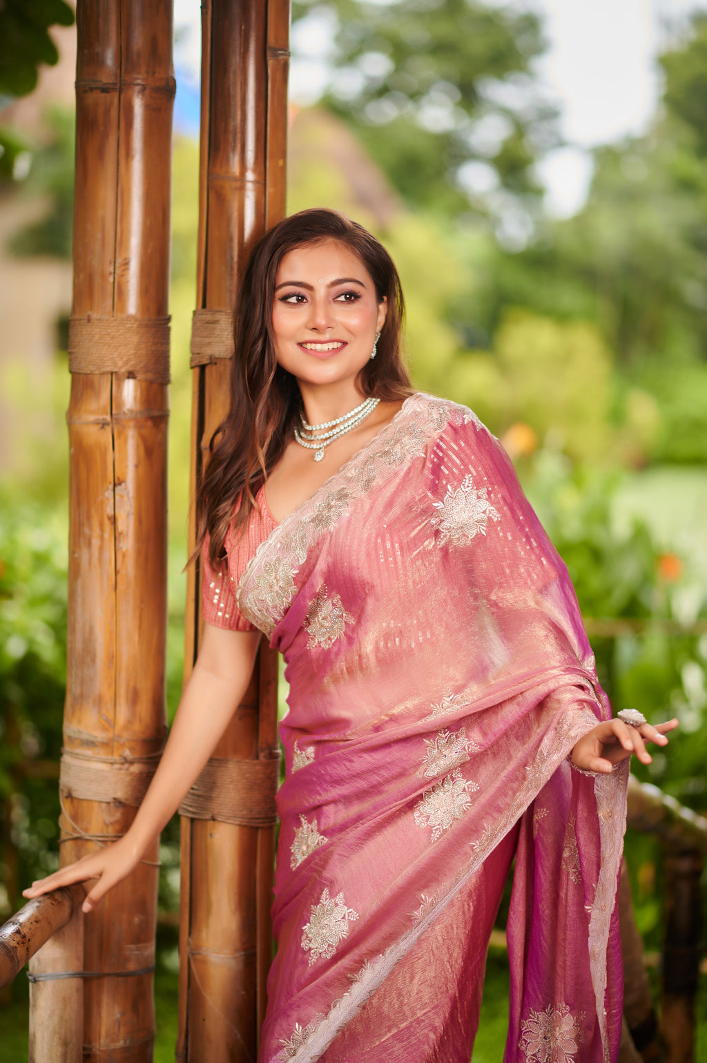Blush Pink Embroidered Bollywood chiffon Drape Saree