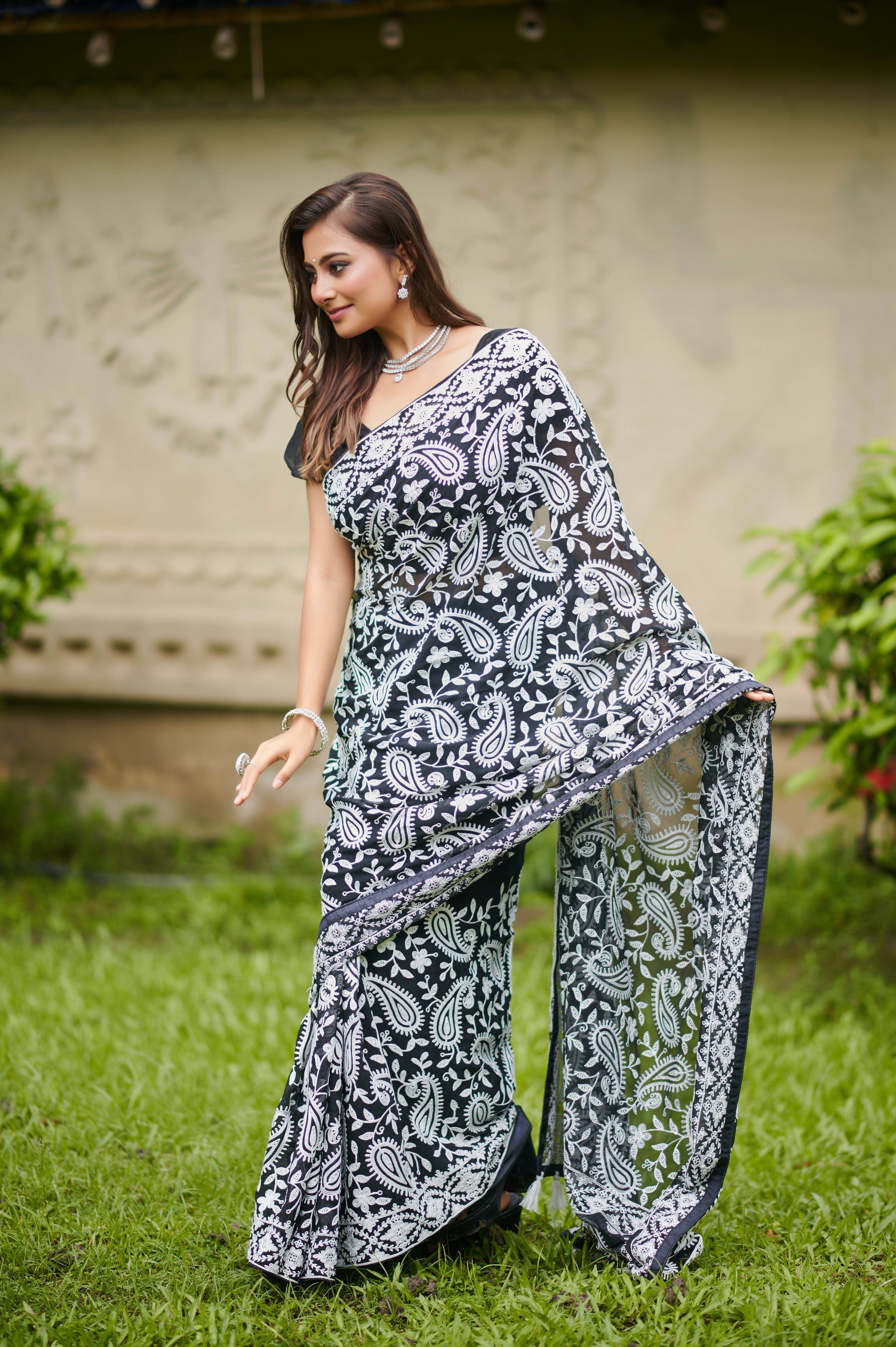 Midnight Bloom – Hand-Embroidered Georgette Saree