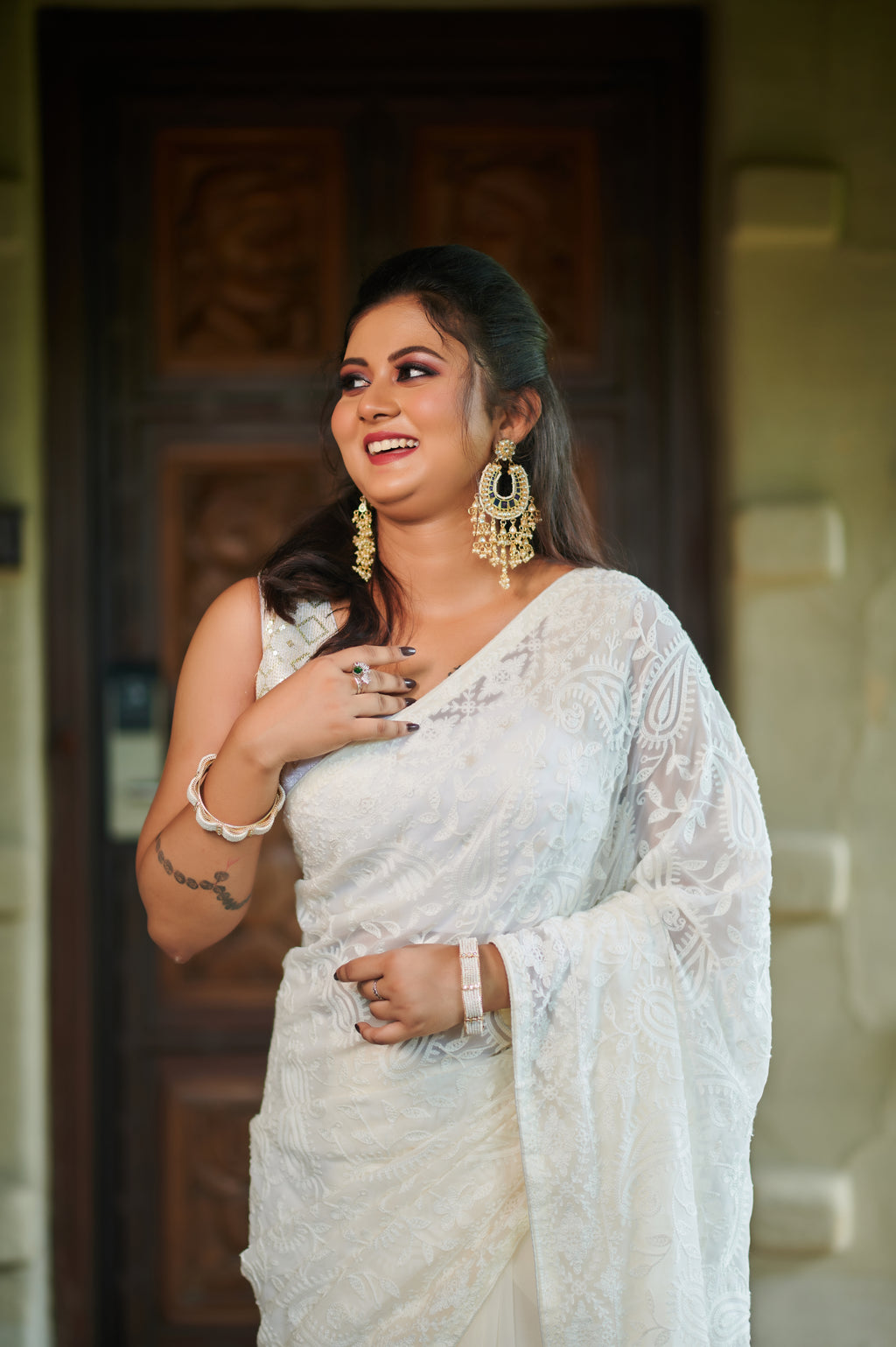 Ivory Whispers – Chikankari-Inspired White Georgette Saree