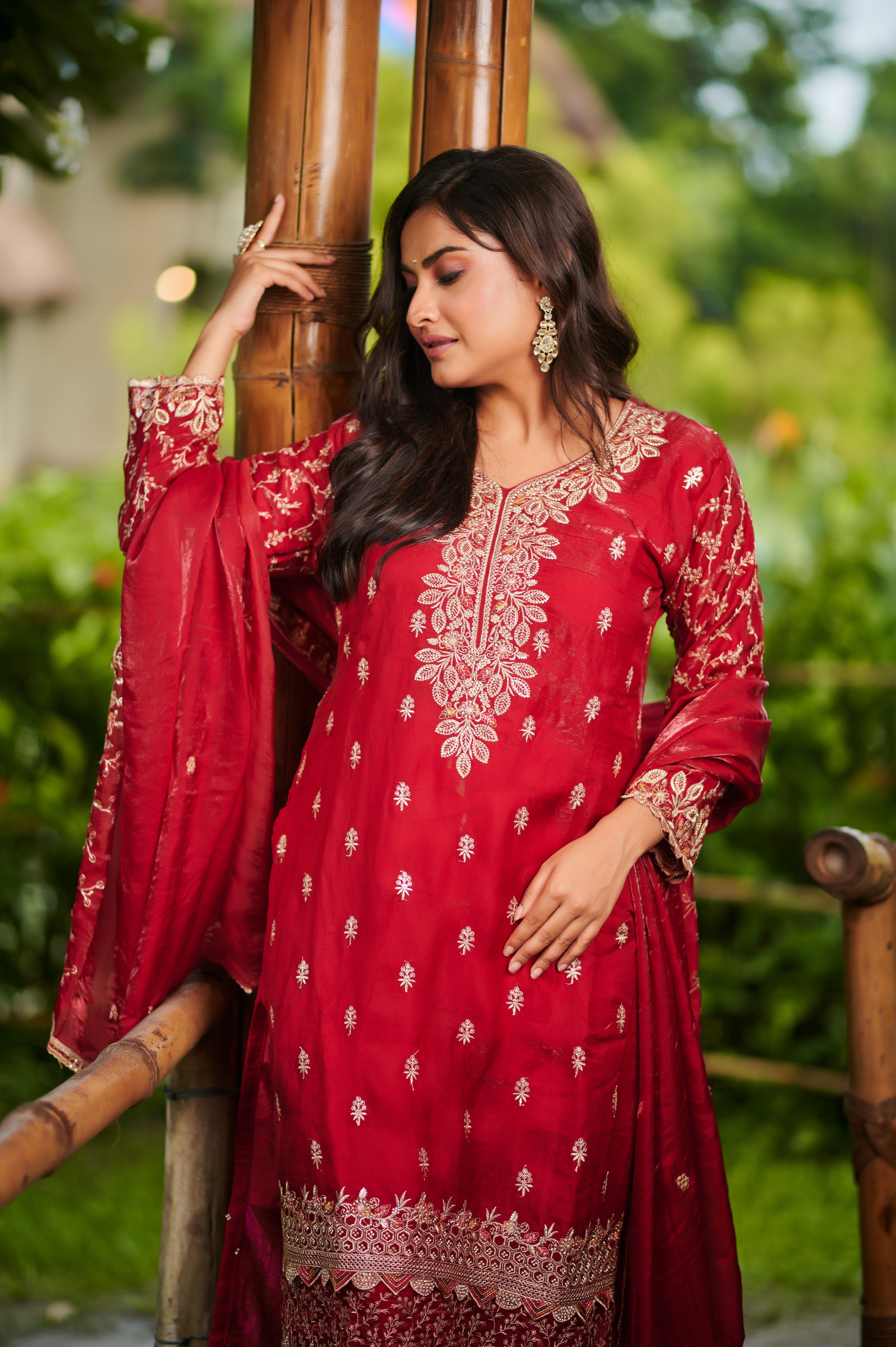 Regal Rouge – Heavy Embroidered 3-Piece Suit Set