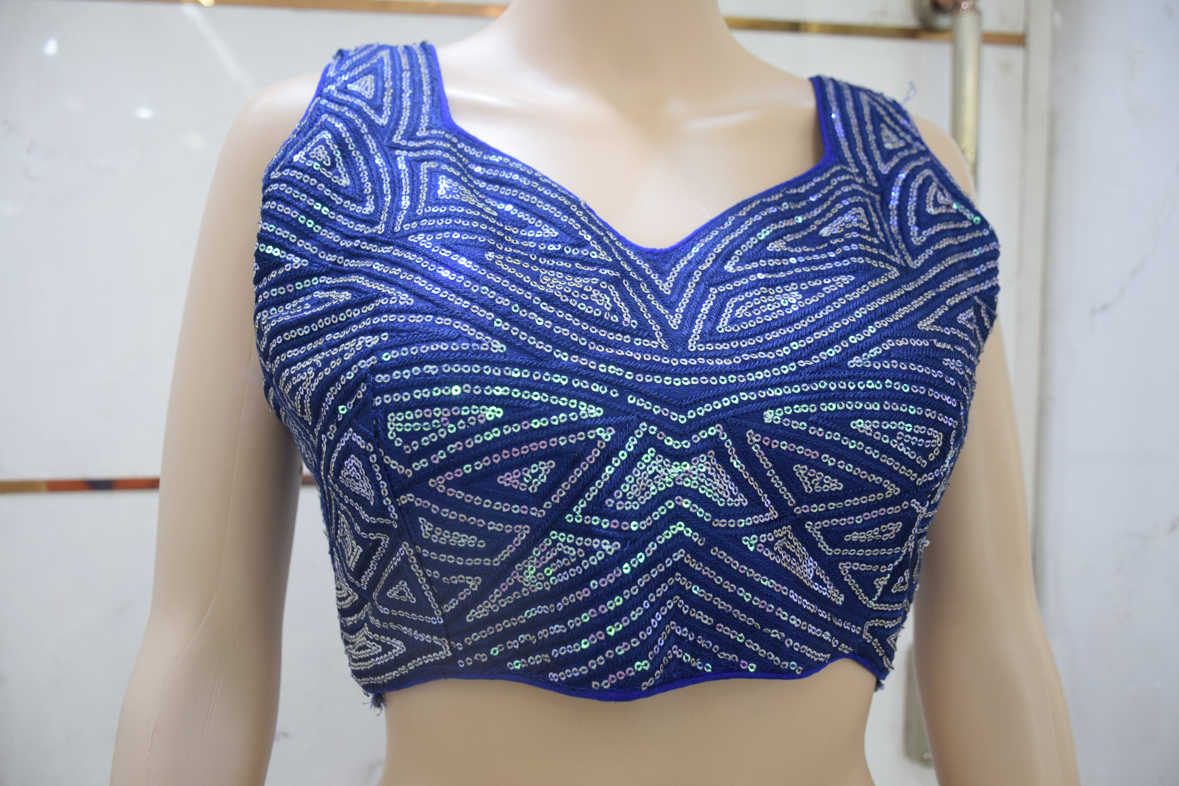 Royal Blue Sequin Embellished Designer Blouse