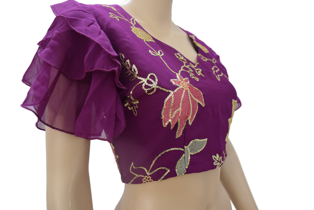 Purple Embroidered Ruffle-Sleeve Blouse