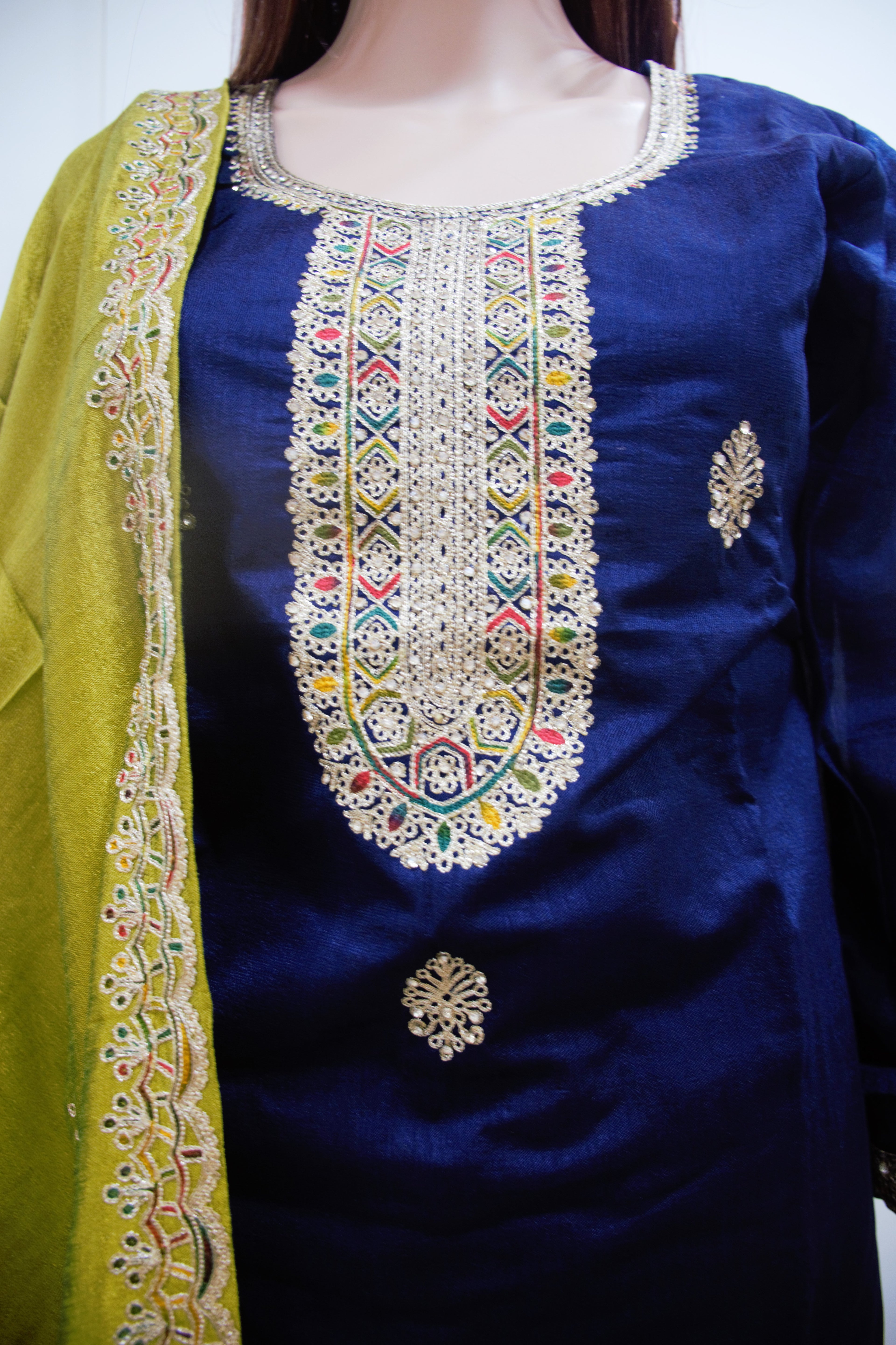 Midnight Blue & Olive Embroidered Kurta Set