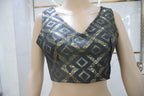 Charcoal Grey and Gold Geometric Brocade Blouse