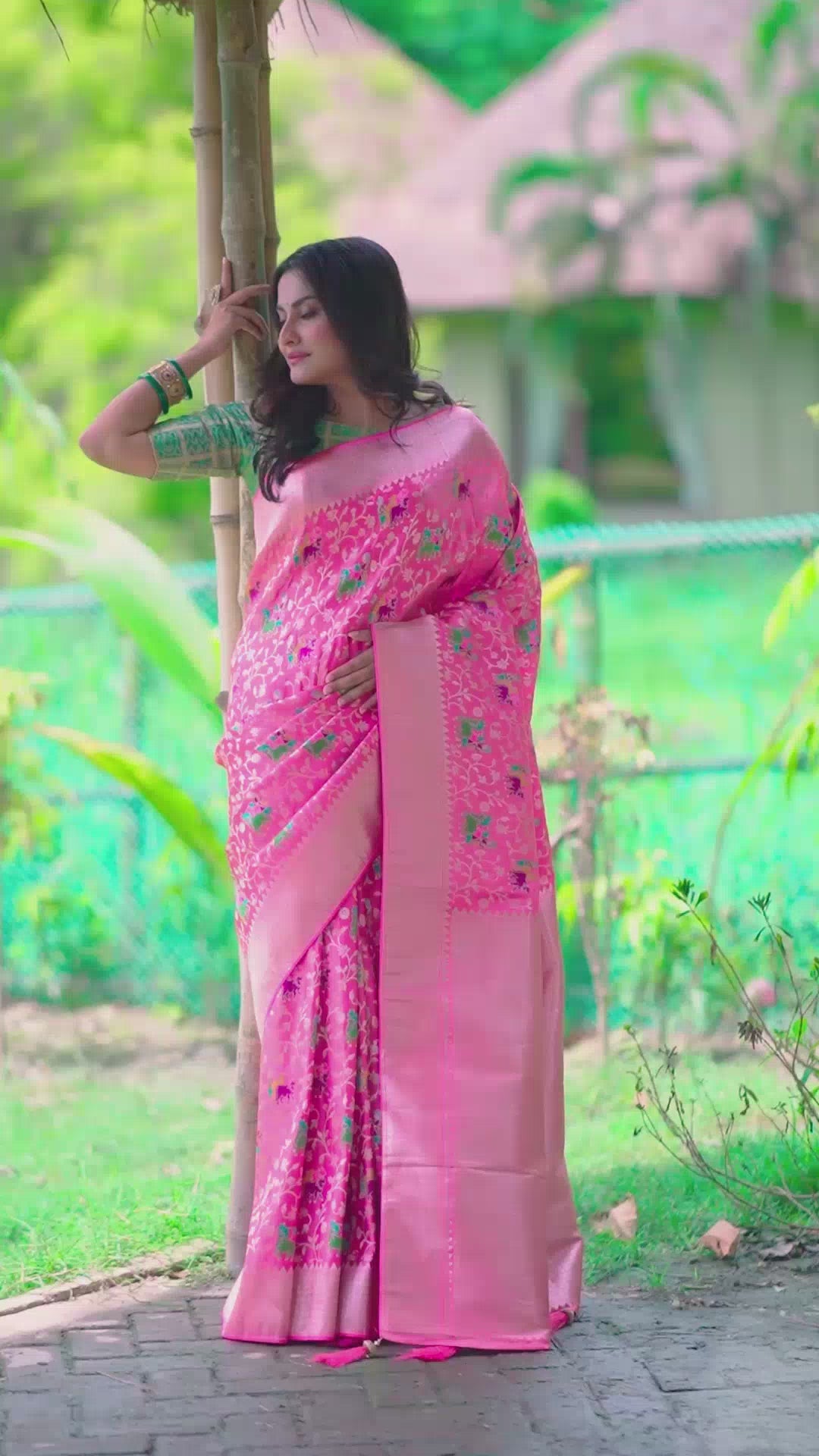 Elegant Coral Pink Banarasi Silk Saree with Elephant Motifs