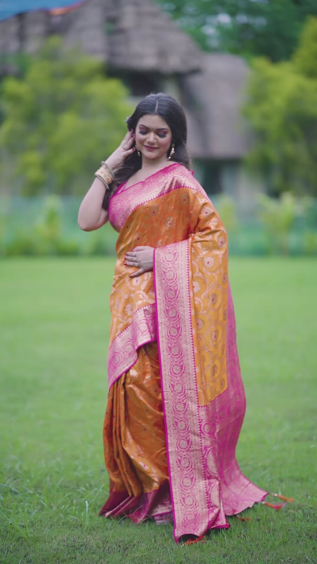 Fiery Orange-Pink Banarasi Silk Saree with Gold Zari Weave