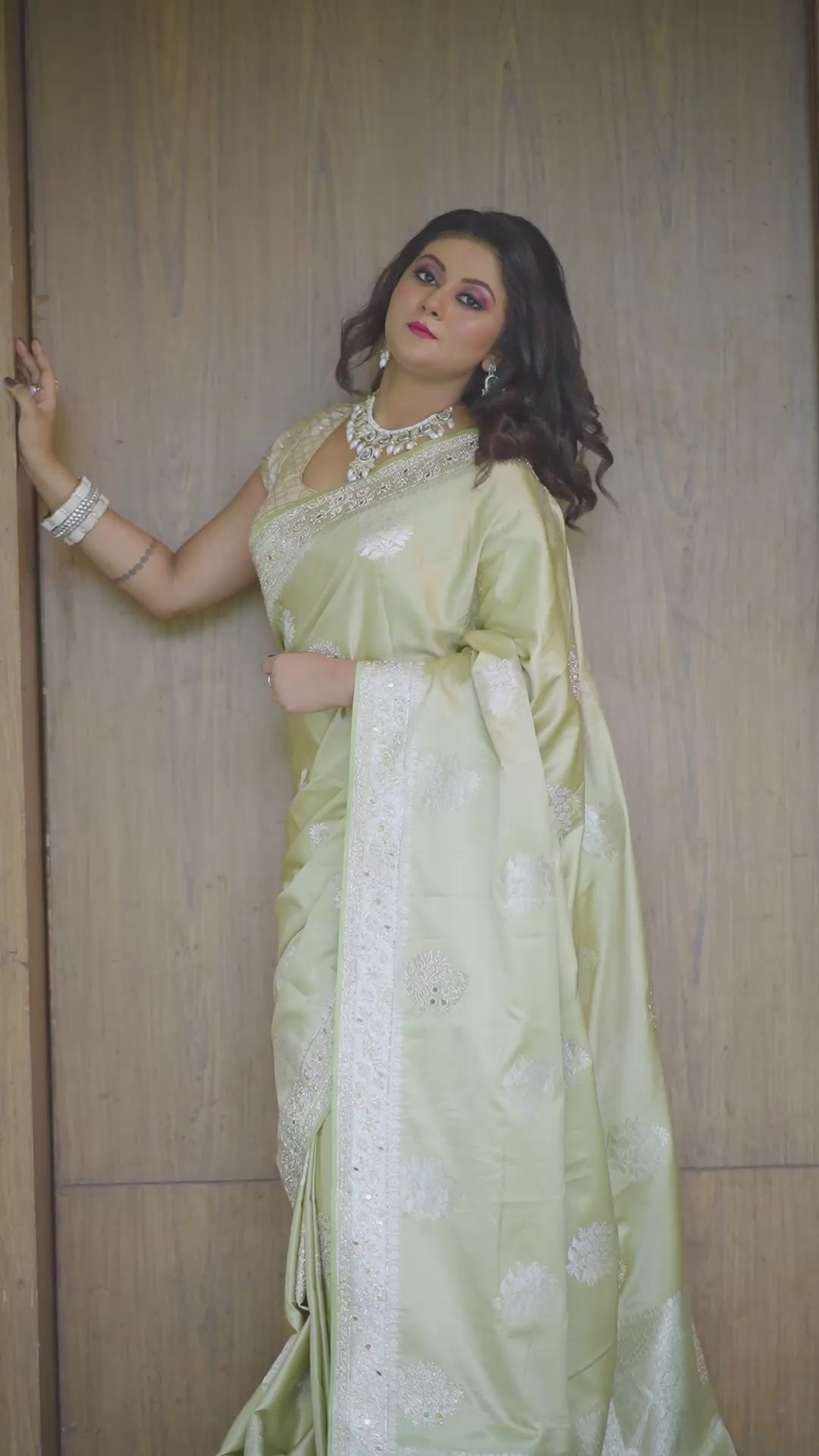 Champagne Green Gold Silk Saree with Intricate Thread, mirror and Stone Embroidery