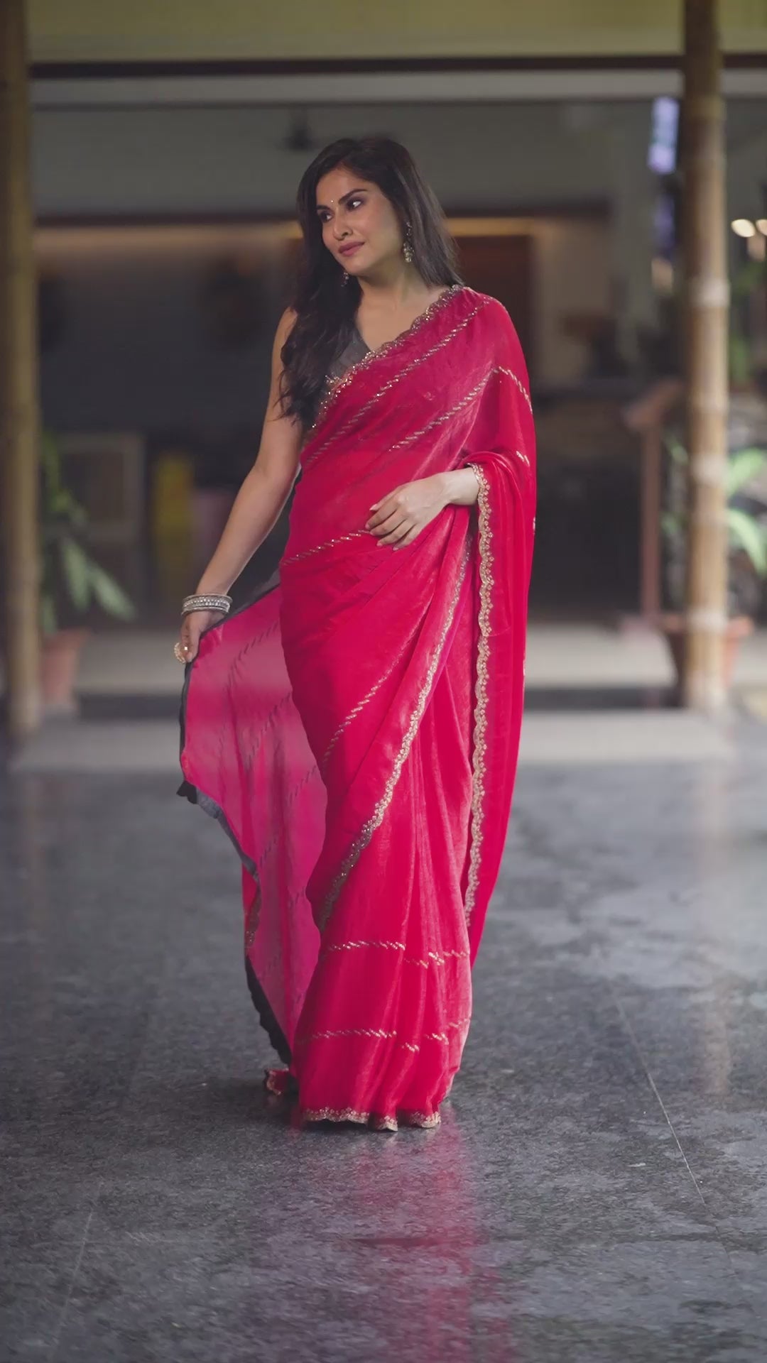 Elegant Red Bollywood chiffon Party Wear Saree