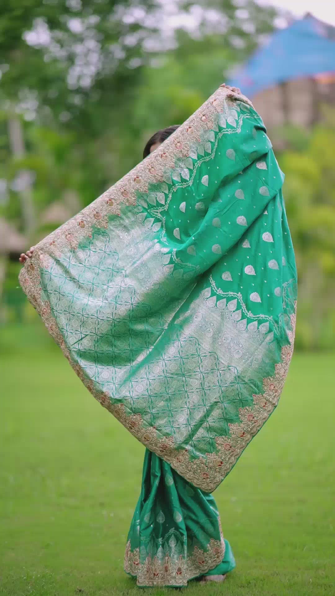 Teal Blue Pure Banarasi Silk Saree with Intricate Zari and Gota Patti Embroidery