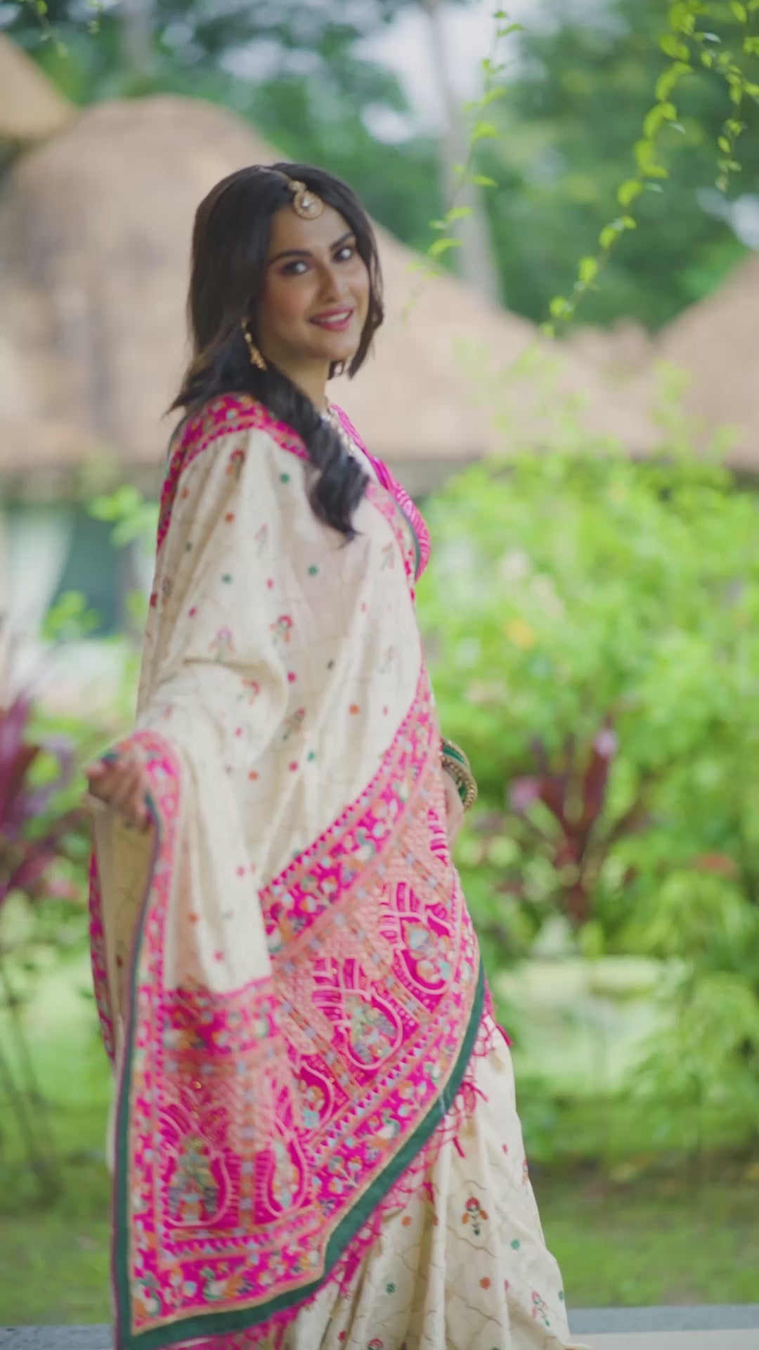 Ivory & Rani Pink Hand Embroidered Heritage Saree