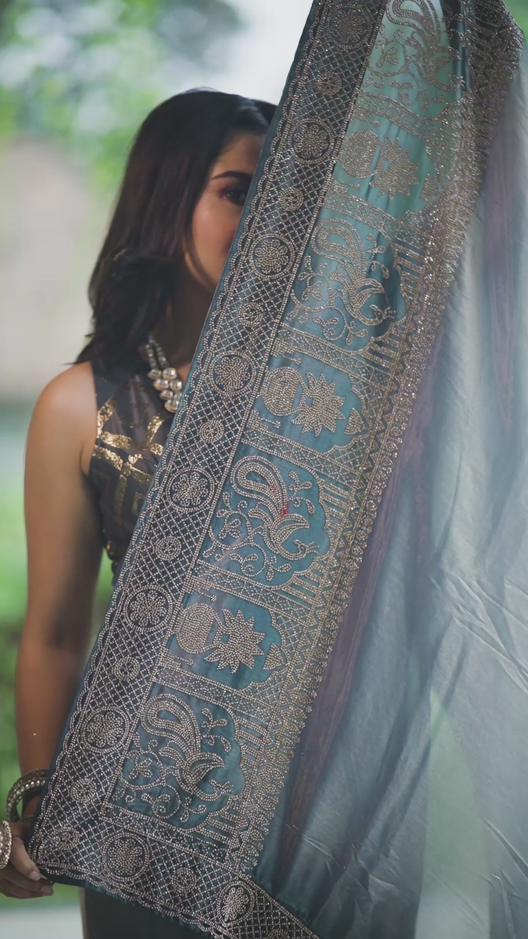 Metallic Charcoal Grey Fendi Silk Glam Saree with Intricate Hand Embroidery
