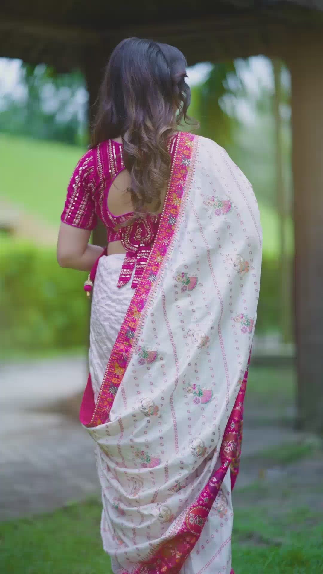 Ras Leela - Soft Silk Saree in white & Rani Pink