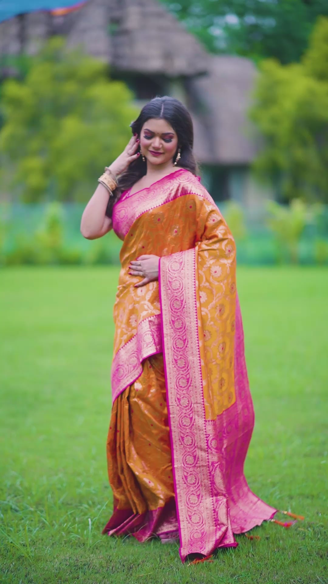 Fiery Orange-Pink Banarasi Silk Saree with Gold Zari Weave