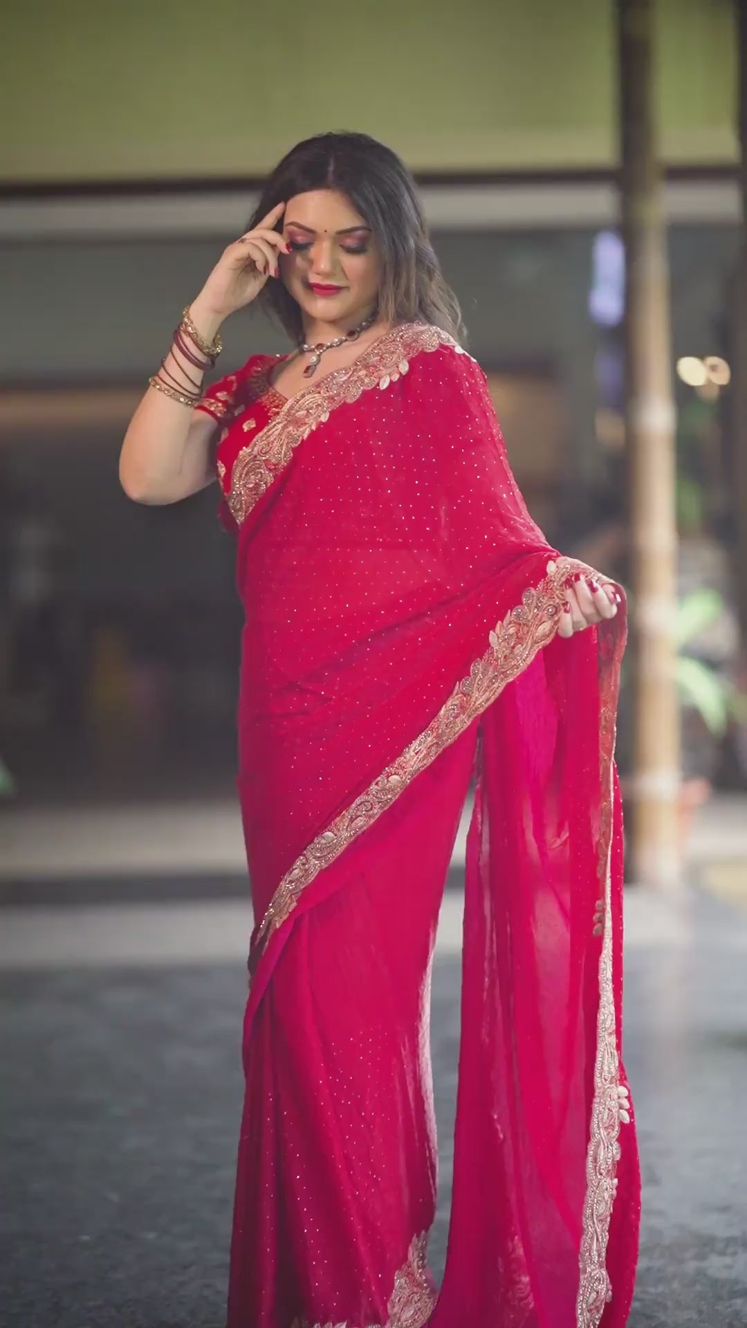 Radiant Red Bollywood chiffon Drape Embroidered Saree