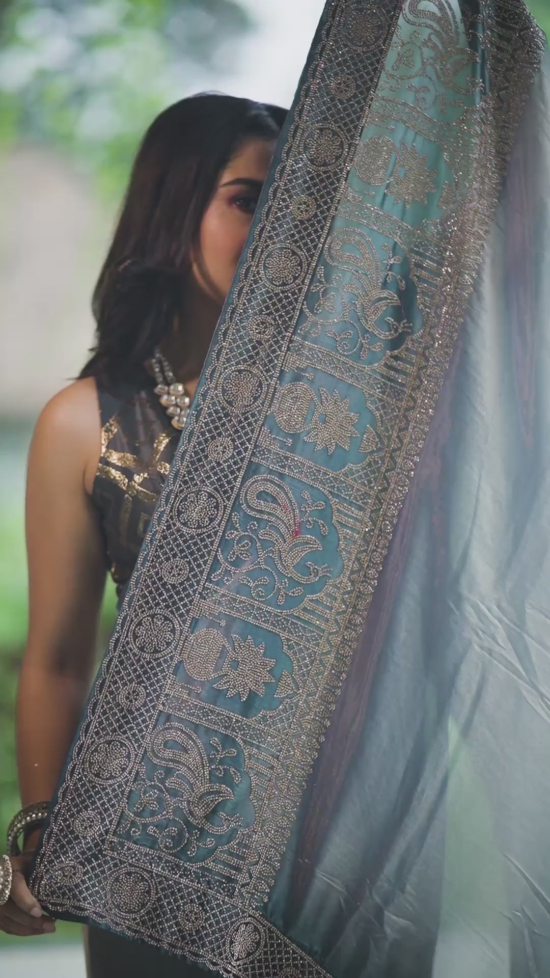 Metallic Charcoal Grey Bollywood chiffon Glam Saree with Intricate Hand Embroidery