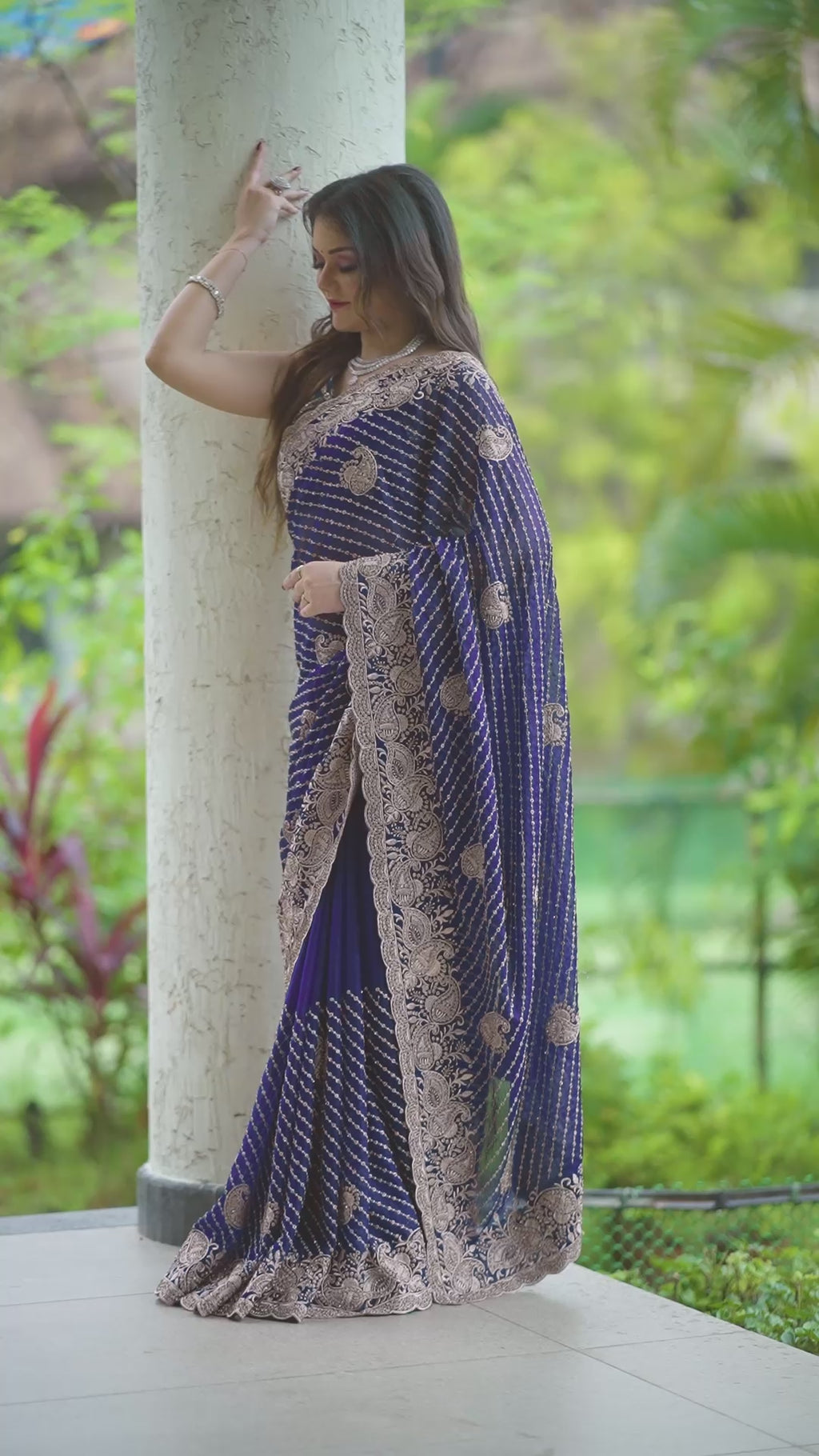 Regal Purple Bollywood chiffon Drape Saree with Antique Zari Embroidery